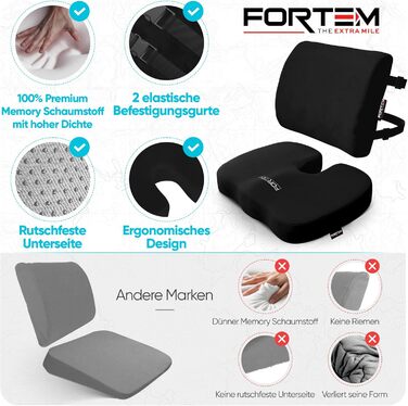 Подушка для сидіння та підтримки попереку FORTEM - м'яка, з Memory Foam, для офісного крісла, авто, геймінгу, чорна, велюр