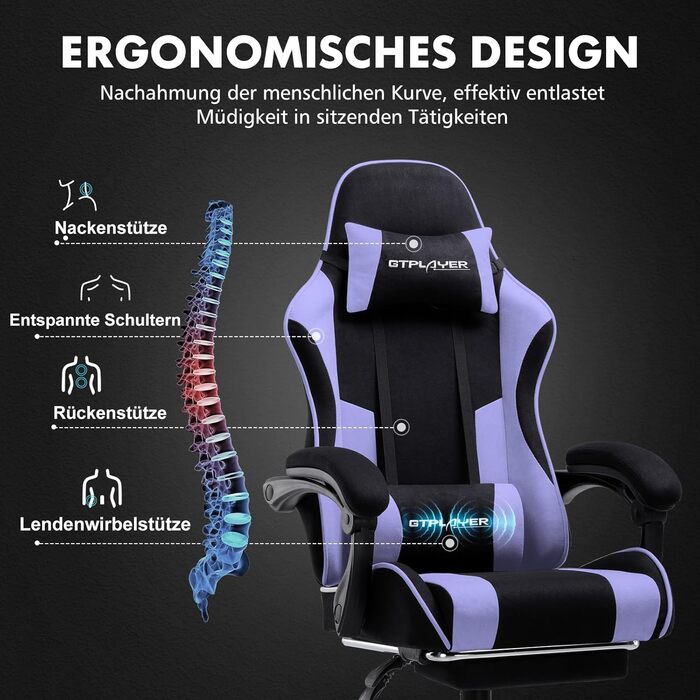 Ігровий крісло GTPLAYER з масажем, ергономічний, з підніжкою та підголівником, білий (фіолетовий, тканина)