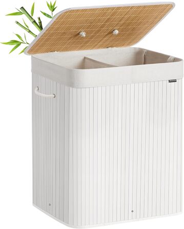 SONGMICS Кошик для білизни з кришкою, 2 відділення, бамбук, складаний, знімний мішок, для прання, з ручками, 120 л, білий