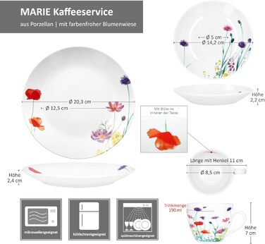 MamboCat Marie - 18-Piece Coffee Set | Porcelain Dinnerware with Floral Decor for 6 People | 6 Cups (190ml), Saucers & Plates for Breakfast & Coffee