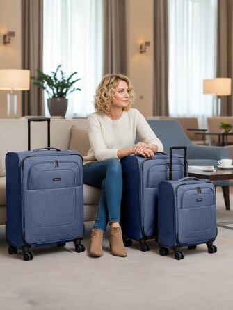 Набір валіз REDOLZ 3-в-1 для жінок та чоловіків | Легкі та стійкі дорожні ролери, високоякісний софт-кейс, 4 подвійні колеса та TSA-замок | Розширюваний з еластичними складками (Essentials 12) (Blue, Набір валіз (3-в-1) 4-колісний розширюваний)