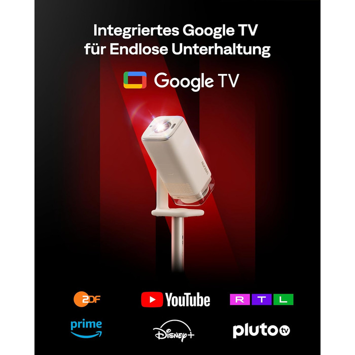 Портативний проєктор Aurzen Boom Air Mini з Google TV та Netflix, 4K, USB-C, Smart, Dolby Audio, WiFi, Bluetooth, автофокус TOF, поворотний штатив, кремово-білий