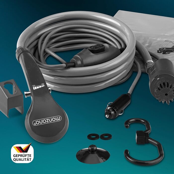 Monzana® Переносна кемпінгова душ з насосом 12V, KFZ-адаптер, сумка для зберігання, 2м шланг, 5м кабель, для авто, собак, саду, антрацит