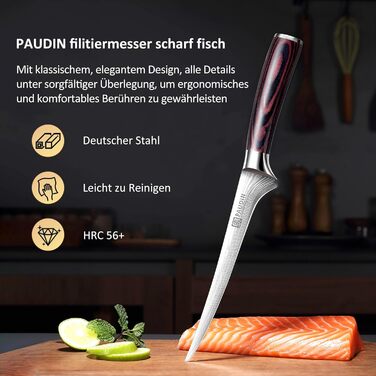 Ніж сантоку PAUDIN з дамаської сталі, 13 см - професійний кухонний ніж для кухні, надзвичайно гострий, з високоякісної нержавіючої сталі та ергономічною ручкою G10 (рибний ніж 18 см)