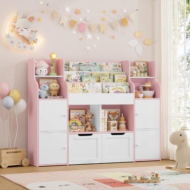 FOREHILL Дитяча полиця-стелаж для іграшок та книг у кімнату з дерева, рожева, 122 x 30 x 100 см