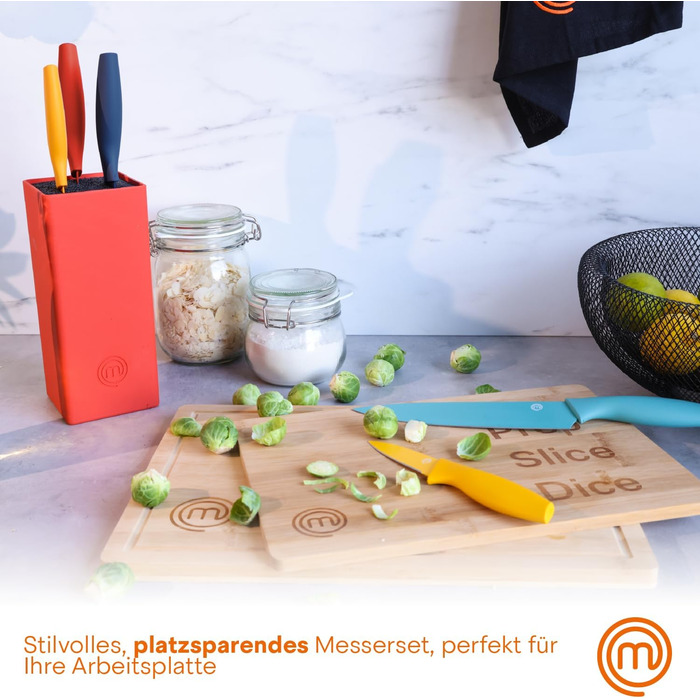 Набір ножів MasterChef 5-ти частинний: кухарський, хлібний, сатокі, овочевий, універсальний. З нержавіючої сталі, гострі, чорний, Soft-Touch ручки.