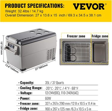 Автохолодильник VEVOR 35л нержавіюча сталь 12/24V, 220V: портативний компресорний міні-холодильник для авто, вантажівок, кемпінгу (-20°C до +20°C)