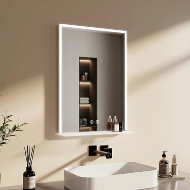 Дзеркало для ванної кімнати EMKE з підсвічуванням 80x60 см, з полицею, антизапар, регульоване холодне біле світло 6500K, сенсорне управління, функція пам'яті