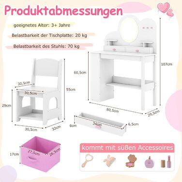 Дитячий туалетний столик COSTWAY у формі ведмедика з підсвіткою, дзеркалом, шафкою та 5 ящиками. Зроблений з дерева, ідеальний для дівчаток від 3 років. Косметичний столик-набір принцеси у формі хмари, білий колір.