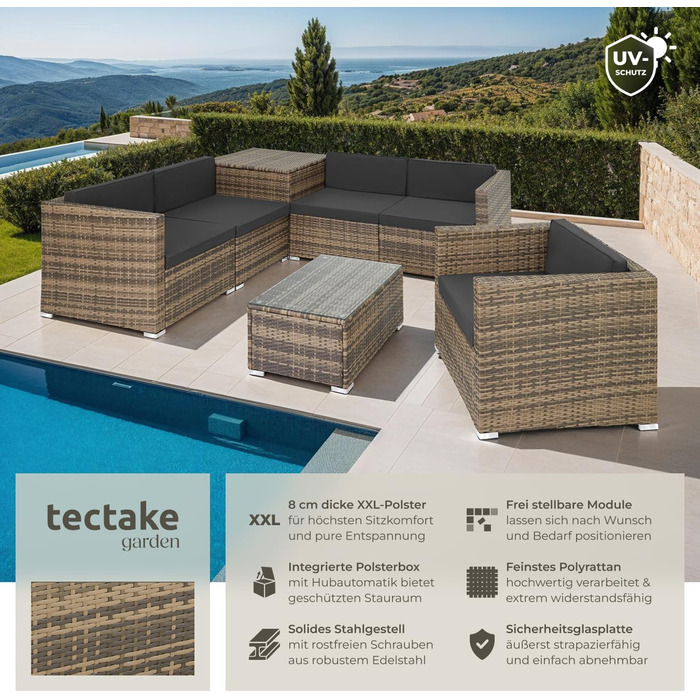 Набір садово-розсувний меблів tectake з коробкою для зберігання подушок, стіл зі скляною стільницею, ротанговий лаунж для саду та балкону | 403725