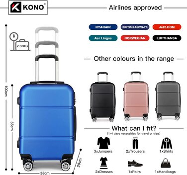 Валіза ручної поклажі KONO з колесами, жорсткий корпус, трілячка 55x38x22 см, 33 літри, ABS, блакитний