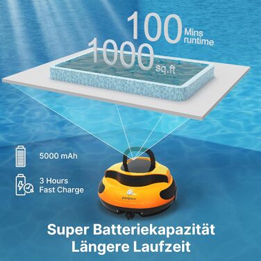 POOLPURE робот-пилосос для басейну, акумулятор 5000 мА·год, 120 хв автономної роботи, потужне бездротове очищення, автоматичне паркування, LED-індикатор, водонепроникний IPX8, для басейнів до 90 м² (жовтий)