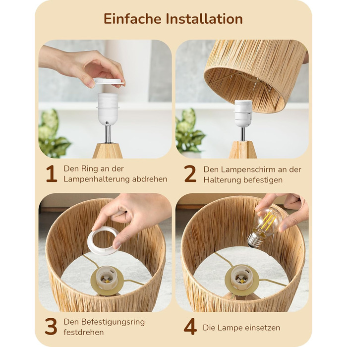EDISHINE Настільна лампа з ручним плетінням, тепле світло 2700K, дерев'яний штатив, Boho стиль, для спальні, вітальні, готелю, з LED лампою E27 4W, абажур з ротангового паперу