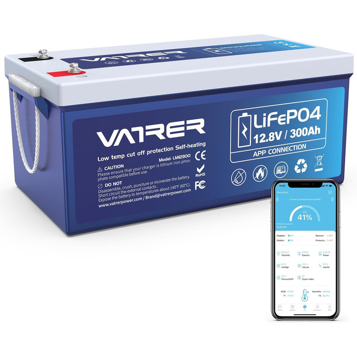 Літієва батарея VATRER POWER LiFePO4 12V 100AH з низькотемпературною відсічною літієвою батареєю 100A BMS 5000 глибокого циклу 1280 Вт для автофургонів, кемпінгу, човнів, сонячних домашніх систем (12V300Ah з автономним нагріванням)