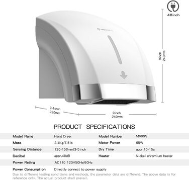 Автоматичний сушар для рук Modunful з інфрачервовим сенсором, настінний, 2000W, тихий (40 dB), ABS-покриття, білий