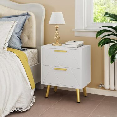 Приліжкові тумбочки YITAHOME (2 шт.) з 2 шухлядами, білі, з золотими ніжками, 40 x 30 x 52 см