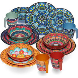 Набір посуду з меламіну Тоскана Пастель на 4 особи - BUNT - дизайн Мандала, 16 частин. Підходить для миття в посудомийній машині, кемпінгу, подорожей, пікніків та вечірок.