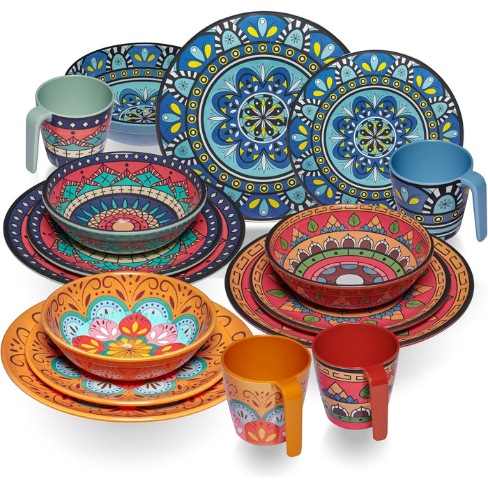 Набір посуду з меламіну Тоскана Пастель на 4 особи - BUNT - дизайн Мандала, 16 частин. Підходить для миття в посудомийній машині, кемпінгу, подорожей, пікніків та вечірок.