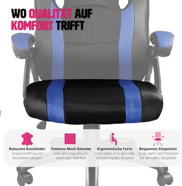 Ігрове крісло tectake, Ергономічне офісне крісло, Гоночне офісне крісло, Крісло для керівника з функцією гойдалки та підлокітниками, Поворотне крісло, Регульоване по висоті письмове крісло, Крісло для ПК, Ігрове крісло - чорний/синій Чорно-синій Артикул 4