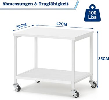 Підставка для принтера Smusei біла, 2-рівнева, з роликами, 42 x 30 x 35 см | Підставка для офісу та дому