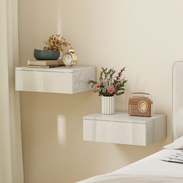 Набір з двох приліжкових тумбочок, настінне кріплення, з висувним ящиком, для спальні, ДСП, білий