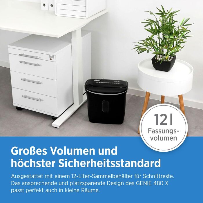 Шредер Genie 480X: знищувач документів, 8 листів, P-4, автоматичний, 12л, захист від перегріву