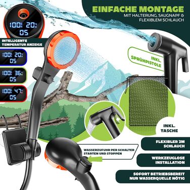 Соняшний душ KESSER® з насосом та акумулятором 8000mAh. Комплект для кемпінгу: регульована лійка, шланг 2м, пістолет-розпилювач, кріплення. Без бака, оранжевий/чорний