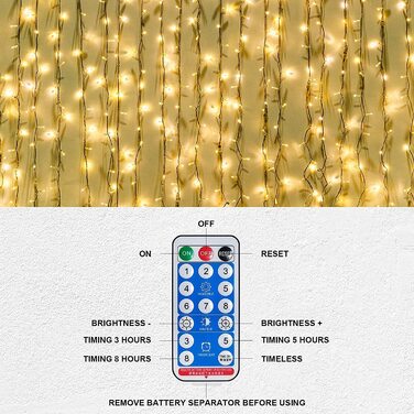 Гірлянда на сонячних батареях, FANSIR 3 X 3 м, 300 світлодіодних гірлянд, завіса з 8 режимами дистанційного керування, водонепроникні гірлянди на сонячних батареях