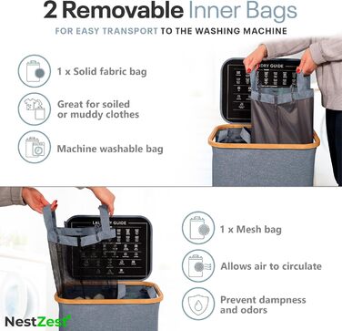 Кошик для білизни Nest Zest 100L з кришкою, 2 відділення для сортування, з інструкцією по догляду та 2 знімними внутрішніми кишенями, з бамбуковим обідком, Оксфордська тканина (Сірий)