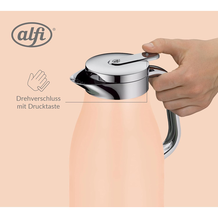 Термос Alfi SKYLINE 1.0л, пастельний колір, нержавіюча сталь, з термоізоляцією, гігієнічний вкладиш з термостійкого скла, поворотний замок з кнопкою, ергономічна ручка, для кави та чаю, BPA-free (1000 мл, Pastel Apricot Mat)