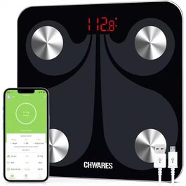 Цифрова шкала жиру в організмі CHWARES, Bluetooth, додаток, USB-зарядка, 3 одиниці, білий (чорний)