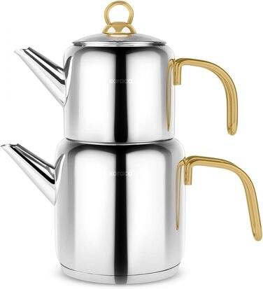 Набір для заварювання чаю Karaca New Mira Gold: чайник 1л та чайник-самовар 2л з нержавіючої сталі, індукційний, для турецького чаю