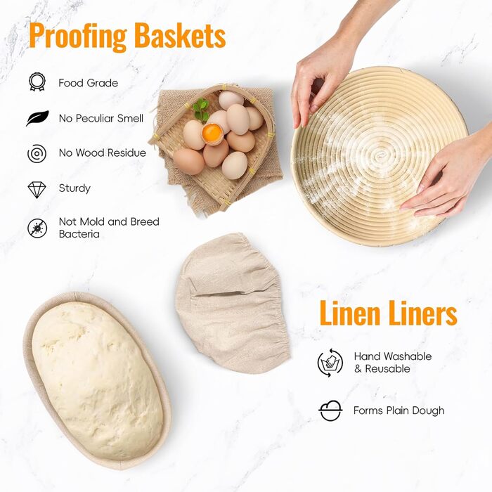 Набір для закваски та випікання хліба: корзини для бродіння (круглі 23 см, овальні 25 см) та аксесуари для випікання