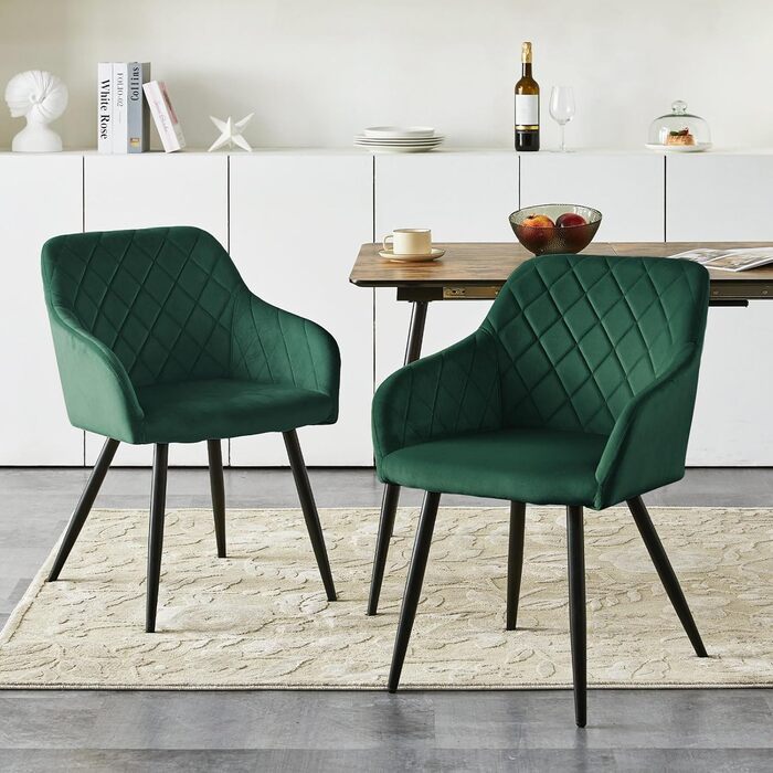 Крісла для їдальні CLIPOP, комплект 4 шт., обтягнуті оксамитом, з металевими ніжками, для вітальні, кухні, їдальні (4 шт., оксамит, зелений)