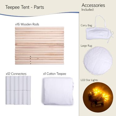 Дитячий намет-тіпі у фіолетовому кольорі | Ігровий намет-тіпі для дівчаток та хлопчиків, 140 x 120 см, бавовняний тканний матеріал зі зірочками та килимком