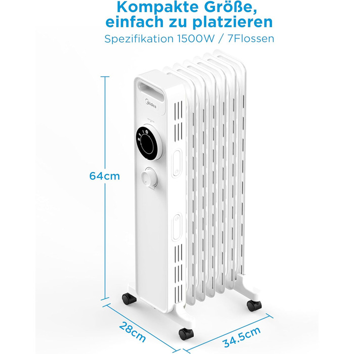 Масляний радіатор Midea NY2009-22M 2000 Вт Енергозберігаючий тихий, електричний обігрівач з 9 ребрами, термостат, 3 рівні нагріву, захист від нахилу та перегріву, режим ECO, швидкий нагрів і портативний, білий (масляний контур ялинка з 7 ребрами)