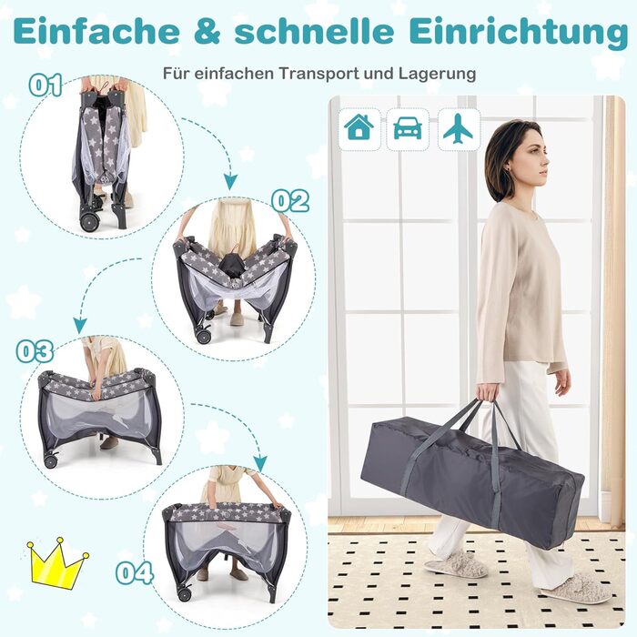 Дитяче ліжко-манежа DREAMADE 102x72 см, 3 в 1: ліжко, манежа, бебі-центр з матрацом, колесами, москітною сіткою та пеленальним столиком для новонароджених та дітей 0-36 місяців (сірий)