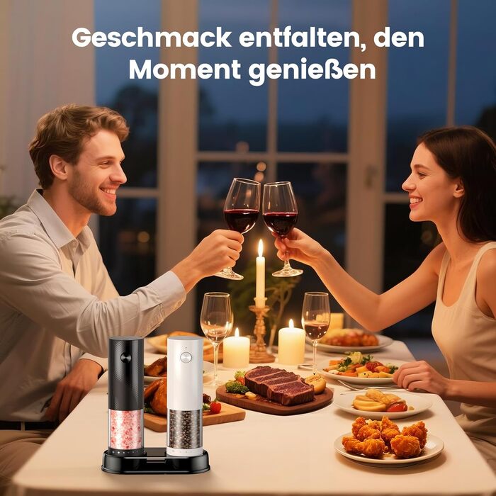 Електричні солі та перечні млини 2 шт. з USB-C зарядкою, регулюванням помелу, LED підсвіткою, керамічним жорном та підставкою – чорний/білий