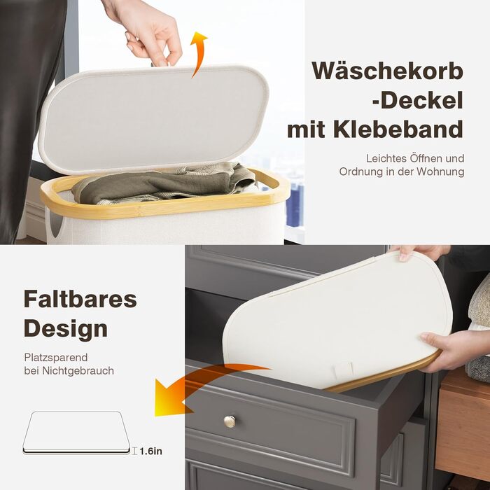 Вузький кошик для білизни з кришкою, 75L, складний, для спальні, ванної, пральні, дитячої кімнати, бежевий