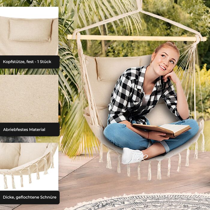 Гамак-крісло з подушкою 100x130x75 см, до 150 кг, для саду та дому, бохо-стиль, для дорослих (Бежевий)