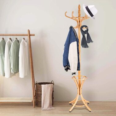 Стійка для одягу GIANTEX з підставкою для парасольки, дерев'яна, 12 гачків, для передпокою/вітальні (натуральний колір)