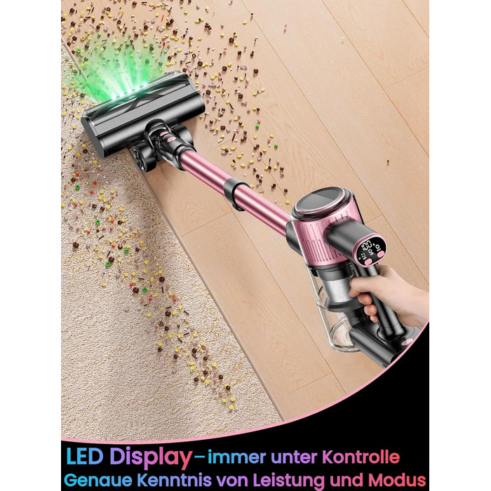 Бездротовий акумуляторний пилосос 45000Pa/500W/45хв з LED дисплеєм та антизаплутана насадка, висувний шланг 73см для твердих поверхонь, килимів та шерсті тварин, рожевий