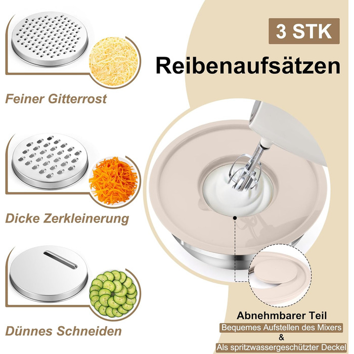 Набір мисок Onader (6 шт) з нержавіючої сталі з кришками та тертками для кухні, 4.6/2.8/2.5/1.6/1.2/0.7 л, стакові та придатні для миття в посудомийній машині, бежевий колір