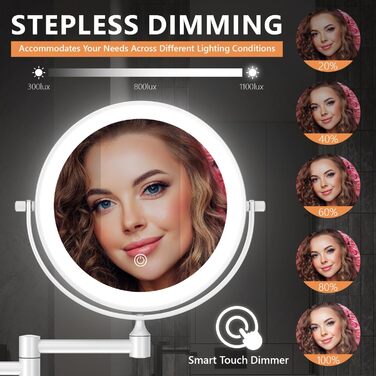 Дзеркало для макіяжу Auxmir з підсвічуванням, 1x, перезаряджуване, з підсвічуванням для гоління, настінне, з регулюванням яскравості, збільшувальне (30x), 3 кольори світла, поворотне на 360°, для ванної кімнати (білий)