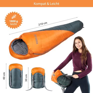 Спальний мішок KeenFlex 3-4 сезони, +7.2°C до -23.4°C, 1500г/2150г, літній та зимовий, для туризму, машинне прання