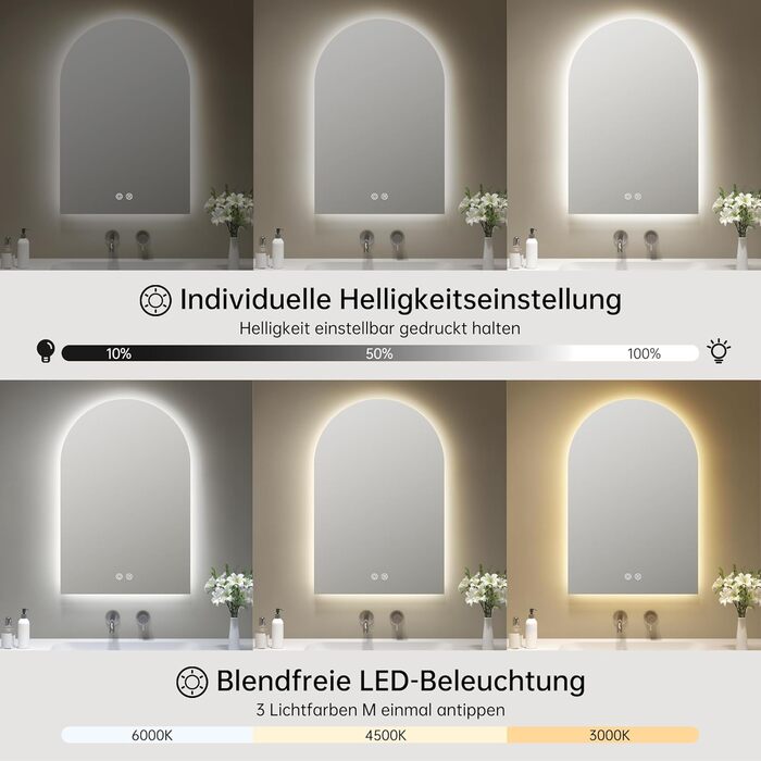 Дзеркало для ванної кімнати OUMUSU з підсвічуванням, 50x75 см, без рами, арочне, антизапотівальне, сенсорне керування, диммування, 3 кольори світла