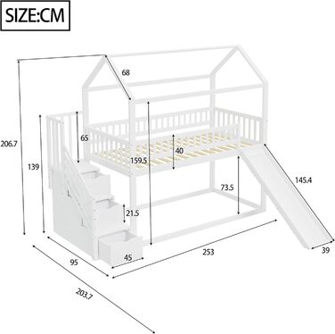 Двоярусне ліжко для дітей з драбиною, біле. Ліжко-горище, ліжко-ігровий майданчик, ліжко-крісла для підлітків, каркас двоярусного ліжка з ламелями, без матрацу.
