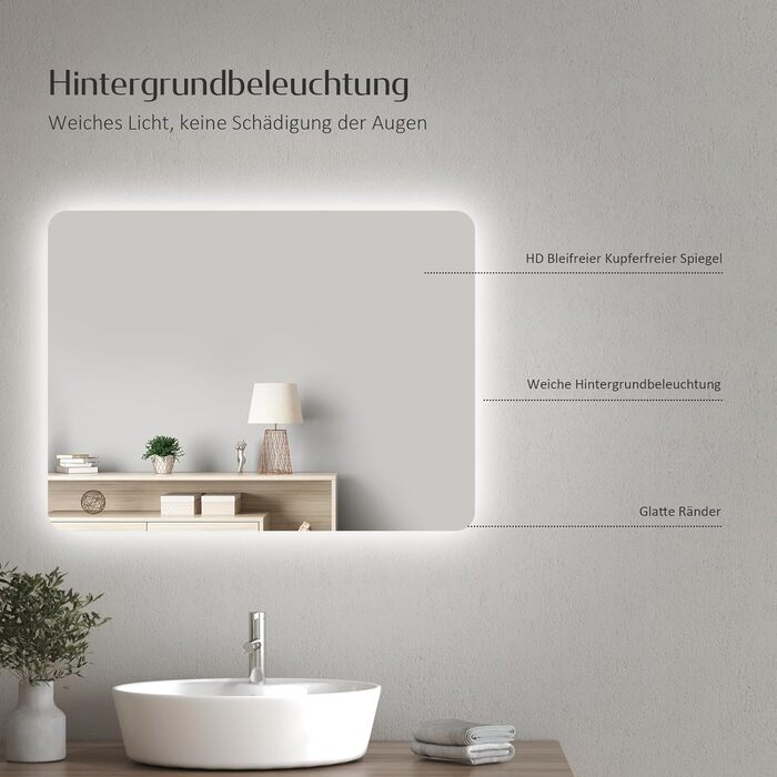 Дзеркало для ванної кімнати EMKE з підсвічуванням 40x60 см, антизапар, 2 кольори світла (тепле/холодне), вимикач-рейка, IP44, енергозберігаюче, захищене від вибуху