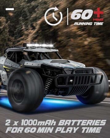 Радіокерований позашляховик Tecnock 1:16 з підсвічуванням, 2.4GHz RC Monstertruck, 2 акумулятори (60 хв роботи) - іграшка для дітей та дорослих, сірий