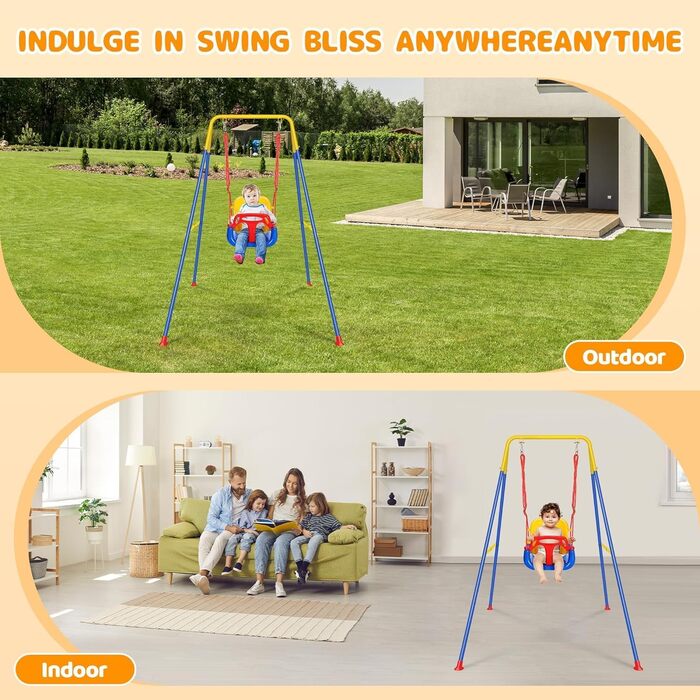 Дитяча гойдалка FCOUMY 3 в 1 для дому та вулиці з ременем безпеки, складаний металевий стійка, проста в збірці